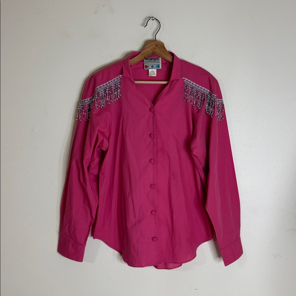 Vtg wrangler western wear button up pink long sleeve top with beaded tassels L